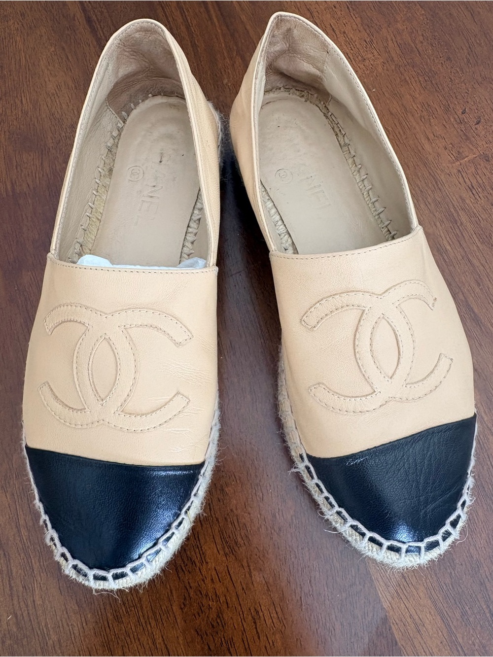 CHANEL Beige Leather Espadrilles with Black Cap Toe